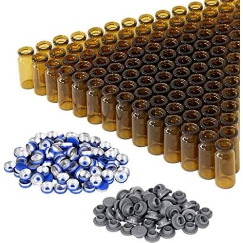 10ml Amber Glass Headspace Vials with Plastic-Aluminum Flip Caps and Rubber Stoppers, 100 Pack, 20mm Flat Bottom Lab Vial(Amber)