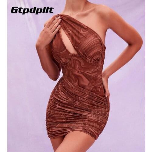 Gtpdpllt Diagonal Collar Hollow Out Print Bodycon Women Dress Sexy Party Vestidos Summer 2021 Y2k Robes Elegant Ruched Dresses