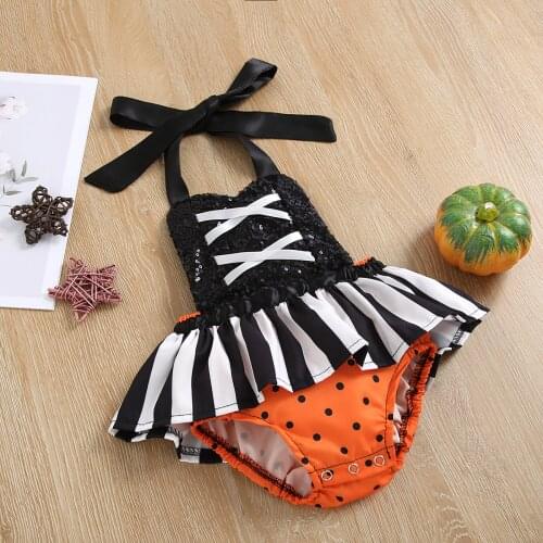 2021 Brand New Halloween Toddler Baby Girls Romper Dress Sleeveless Cartoon Striped Lace Patchwork Jumpsuits Chiffon Dress
