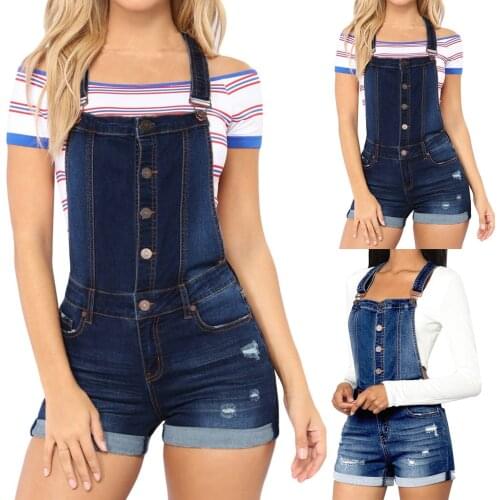 Women Fashion Casual Button Camisole Solid High Waist Summer Short Jumpsuit Denim Overalls Office Ladies Combinaison#30