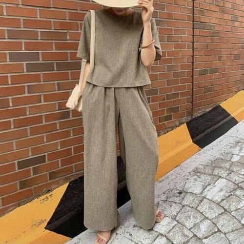 Korean Fashion Pants Sets Casual Summer Two Piece Set Women Short Sleeve Tops and High Waist Wide Leg Pants 2 Piece Outfits
