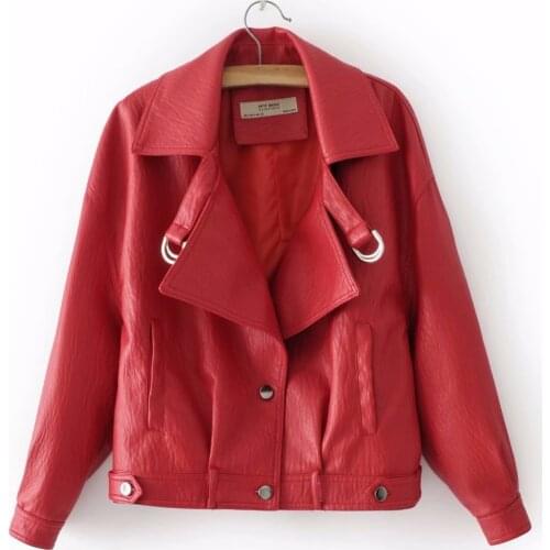 Fashion red PU leather jacket coat female Belt zipper Spring Autumn patchwork basic jacket Casual outerwear faux leather coat