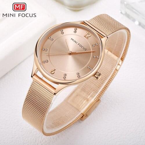 MINI FOCUS Top Brand Luxury Quartz Women Watches Rhinestone Decoration Rose Golden Mesh Strap Elegant Ladies Wristwatch Clock