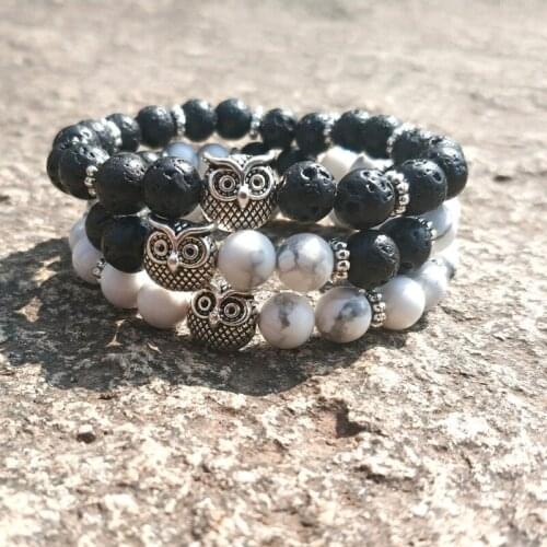 Fashion Owl Charms 8mm White Black Lava Stone Beads Bracelets DIY Essential Oil Diffuser Bracelet Stretch Yoga Jewelry