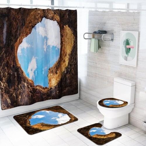 Toilet Carpet Set Anti Slip Bath Mats Washroom Rug Water Absorbent Mat and Waterproof Shower Curtain Printed Scenic Shower Rugs
