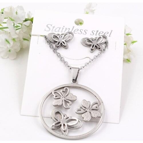 316L Stainless Steel Jewelry Wedding Party,butterfly and flower zircon Earrings Pendant Necklace set EV-G220