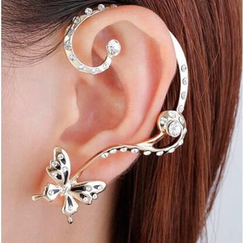 New Fashion Beauty Women Crystal Butterfly Cuff Ear Clip Wrap 1 Pair Personality Punk Clip Earrings Ladies Earrings Accessories