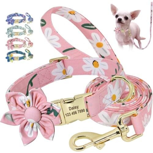 Personalized Dog Collar Leash Set Printed Nylon Pet Collars Engraved Pet Flower Collar Walking Lead For Small Medium Large Dogs