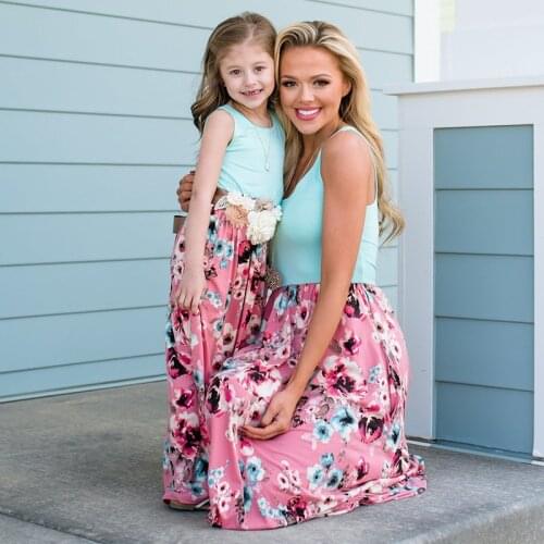 Mom and Daughter Dress Outfits Sleeveless Floral Long Dress Mommy and Me Clothes Patchwork Women Girls Matching Family Clothes