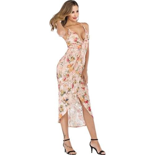 Sexy Sheath Backless Sequin Floral Bodycon Party V Neck Long Appliques Sling Dresses Summer Lace Slit Formal