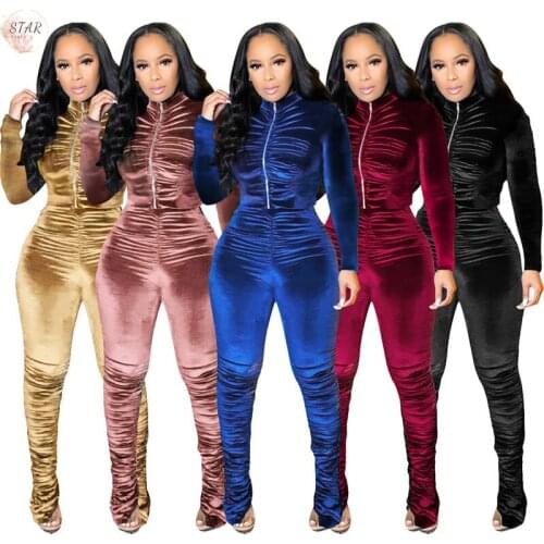 Velvet Sweatsuits for Women Two Piece Outfits Zip Top and Stacked Sweatpants Leggings Tracksuits Hot Sale Wholesale Dropshipping