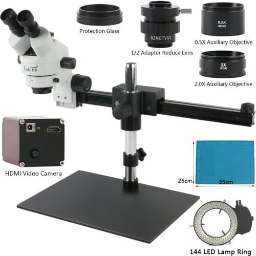 7~45X Continuous Zoom Stereo Trinocular Microscope 1080P 60FPS HDMI Industrial Microscope Camera+Long Arm Bracket With
