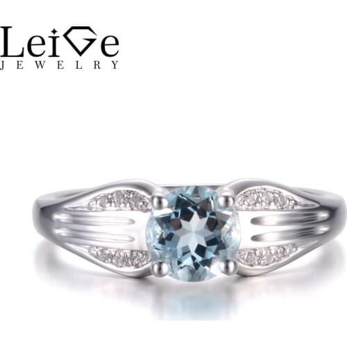 Leige Jewelry Natural Sky Blue Aquamarine Ring March Birthstone Round Cut Gemstone Solid 925 Sterling Silver Simple Ring for Her