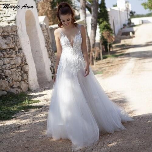 Magic Awn Country Tulle Wedding Dresses Lace Appliques Illusion A-Line Boho Mariage Gowns Open Back Customized Vestido De Fiesta