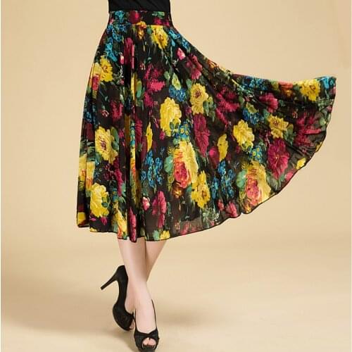 Women 2021 Summer Fashion Middle-aged Loose Skirts Female Elastic Waist Printed Skirts Ladies Ice Silk Thin A-line Skirts E218
