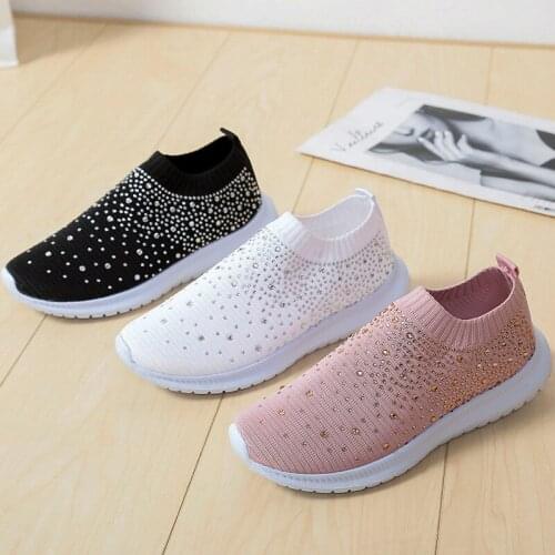 Large Size 35-43 Rhinestone Flying Woven Sports Shoes Student Rhinestone Breathable Casual Shoes Female 2021 Seasons New