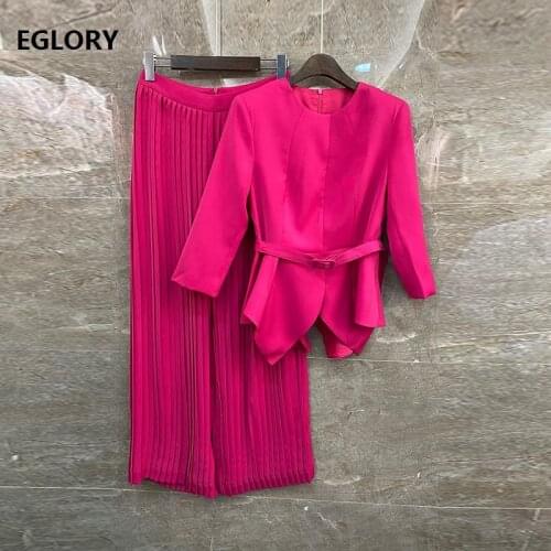 Top Quality Designer Clothing Sets 2021 Spring Summer Pant Suit Women Belted Tops Blouse+Pleated Long Pant Sets Casual Tracksuit