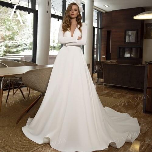 Fashion Long Sleeve Satin Wedding Dress 2021 Elegant V-neck A-Line Princess LelaAcra RY07 Bride Gown Customized Vestido De Noiva
