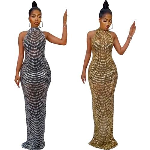 Cutubly Diamond Printing Sexy Maxi Dress Fashion O Neck Backless Party Dresses For Women Night Club Sexy Bodycon Dress Elegant