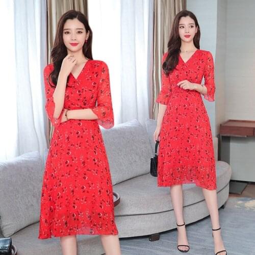 2020 new beach vacation super fairy beach long Dress Summer floral Chiffon fairy red Dress b101