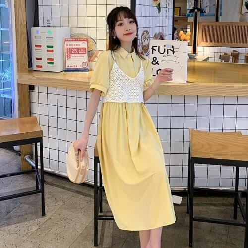 59690# Maternity Dress Summer Cotton Short Sleeves Hollow Out Design Midi Dress Plus Size Pregnancy Dress Pregnant Women Suit