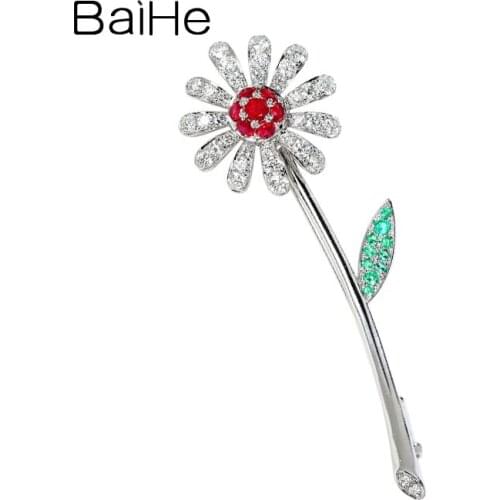 BAIHE Solid 14K White Gold Natural Ruby Emerald Diamonds Wedding Trendy Fine Jewelry Gift Flower Brooch Women брошь Engagement