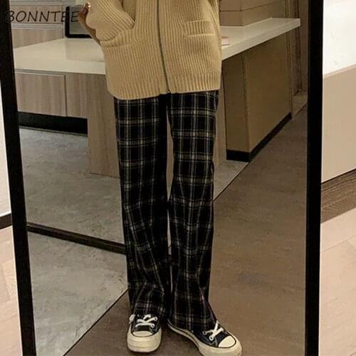 Casual Pants Women Plaid Summer Daily Harajuku Trousers Mujer Pantalones Stylish Elastic Waist All-match Student Straight Baggy