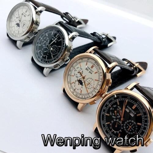 Corgeut 42mm Top Luxury Mens Watch Silver Rose Gold Case Moon Phase Date Seagull ST1655 Movement Mens Automatic Watch