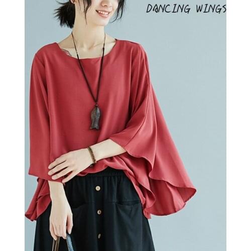 Women O Neck Flared Sleeves Blouse Female Shirt Casual Loose Cotton Linen Top Femme blusas