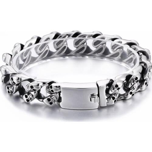 Jewel Store Punk Skull Charm Bracelets Men 21.5cm Stainless Steel Link Chain Wrap Bangle Gothic Biker Jewelry 2021