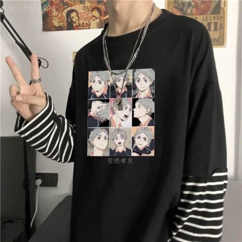 Harajuku Japan Anime Haikyuu Fake Two Piece Tshirt Funny Volleyball Boy Sugawara Koushi Cartoon Tops Long Sleeve Summer T-shirt