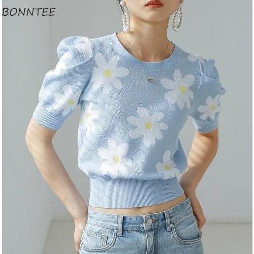 T-shirts Women Elegant Floral Trendy Patchwork Bodycon Summer Vintage Harajuku Casual Slim All-match Chic Knitted Streetwear Ins
