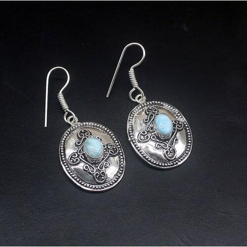 Hermosa Vintage Natural Fancy Blue Larimar Silver Color Jewelry Gifts Dangle Drop Earrings for Women Girls 1 7/8 Inch FQ181