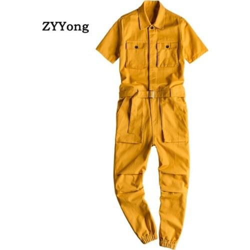 Summer Men Overalls Short Sleeve Beam Feet Jumpsuit Fashion Streetwear Casual Cargo Pants Loose Black Freight Trousers