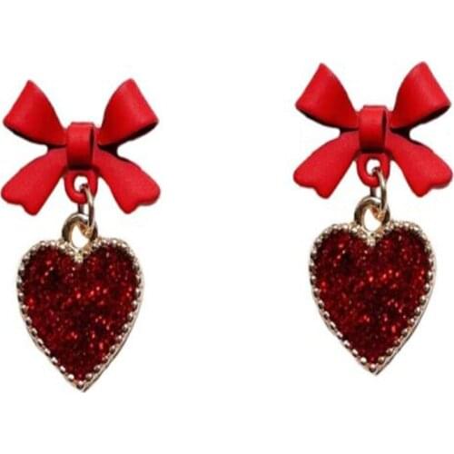 Red Purple Bowknot Crystal Heart Earrings Temperament Simple Sweet Cute Stud Earrings Jewelry Gifts for Girls