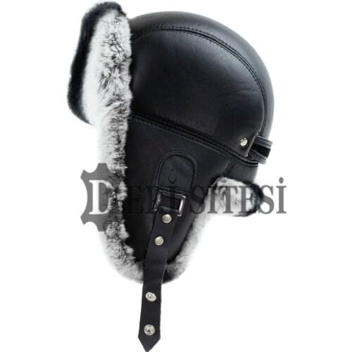 Mens Grey Rex Rabbit Hat, Fur Leather Aviator Russian Ushanka Trapper Winter Fur Hat