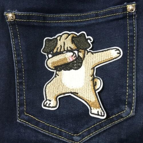 1 PCS Kawaii Super Free Pug Dog Patches Iron on Badges Stripes Animal Clothes Appliques Sewing Embroidery Cute Stickers