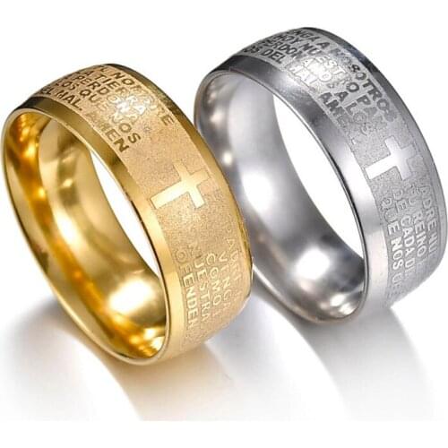 Stainless Steel Gold Color Cross Ring Scripture High Quality Mens Fashion Creative Rings Jesus Christian Jewelry