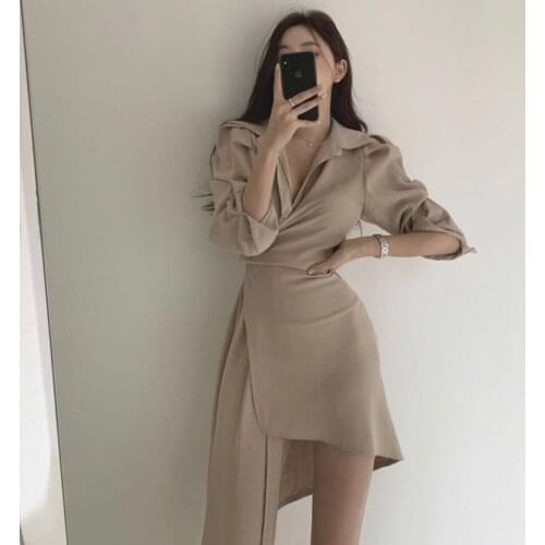 New long sleeve irregular shirt skirt in early autumn 2021 Chi French elegant waist style dress