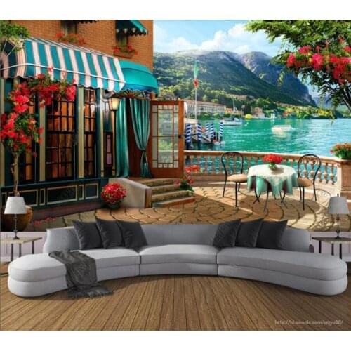 Papel de parede Coffee shop balcony garden lake view 3d wallpaper mural,iving room tv wall bedroom wall papers home decor