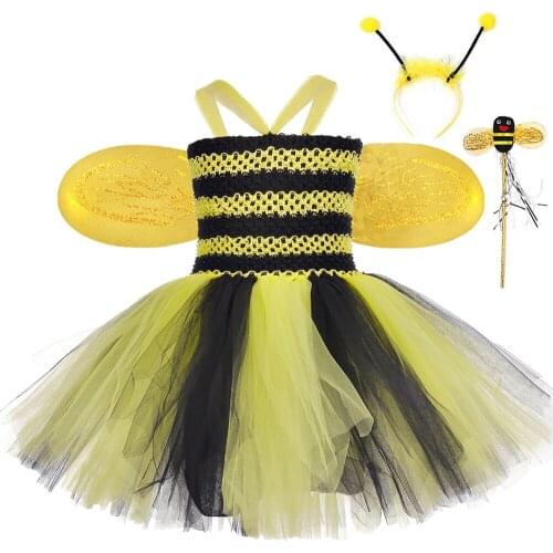 Queen Bee Tutu Dress for Girls Kids Halloween Costumes Yellow & Black Baby Girl Fancy Birthday Party Dress Up with Headband Wing