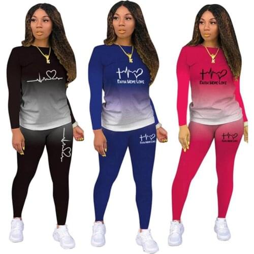2021 Spring Autumn Women Tracksuit Two Piece Set Casual Sports Gradient Print Top+Pants Sweatsuit Outfits Womens Clothing
