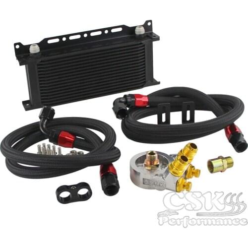 Universal 16 Row Oil Cooler+AN10 Oil Adapter w/Thermostat +Braided Hose Line Kit Silver / Black