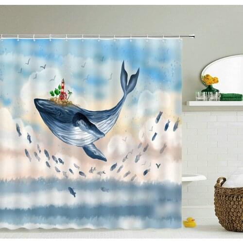Funny Cartoon Ocean Animal Shower Curtain Dolphin Fish Jellyfish Octopus Whale Shark Crab Creative Bathroom Home Decor Curtains