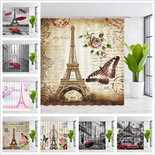 GCTNBJL Shower Curtains Paris Effie Tower Red Umbrella Car Flower Butterfly Pattern Couple Bathroom Decor Set Polyester Curtain
