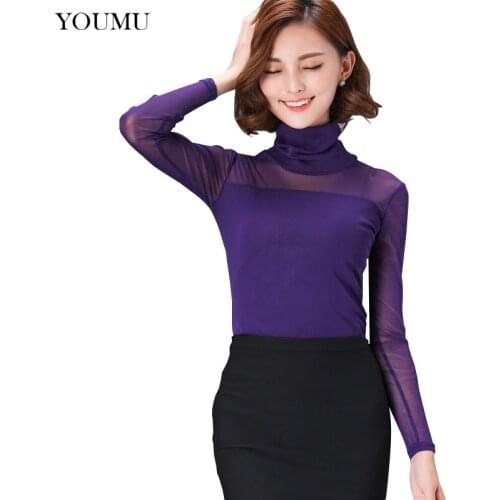 Ladies Solid Thin Mesh T-Shirt Sexy See Through Long Sleeve Turtleneck New 6 Colors Tops Plus Size M-3XL Undershirt 906-A071