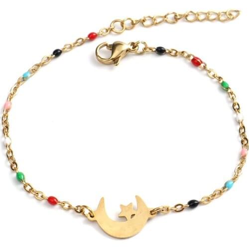 1 PC Stainless Steel Bracelets Link Cable Chain Tree Moon Gold Color Random Enamel Trendy Bracelet Jewelry For Women 18cm Long