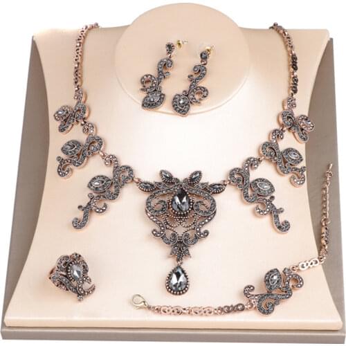Bohemian Vintage Womens Necklace Earrings Bracelet Ring Turkish Crystal Wedding Jewelry Set Ethiopian Bride Jewelry