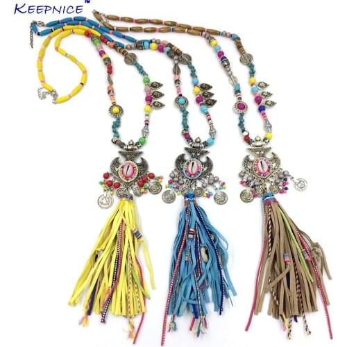 New Vintage Tibeten Silver Jewelry Leather Long Fringe Tassel Pendents Necklaces For Women Boho Chic Beaded Chain Necklace