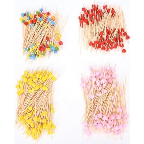 100pc Heart Bamboo Food Picks Buffet Cupcake Fruit Fork Party Cake Dessert Salad Vegetable Sticks Cocktail Toothpick Skewer 12cm